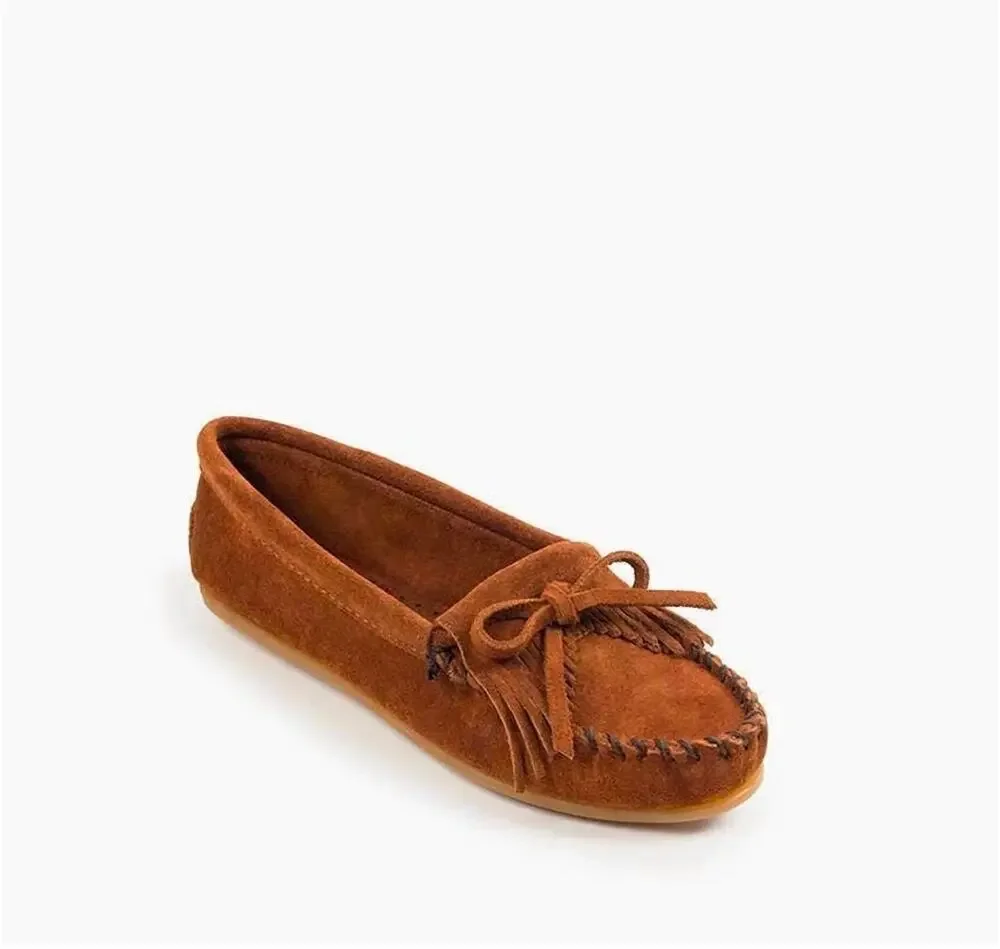 Minnetonka Womens Kilty Suede Hardsole Moccasins Brown Size 8